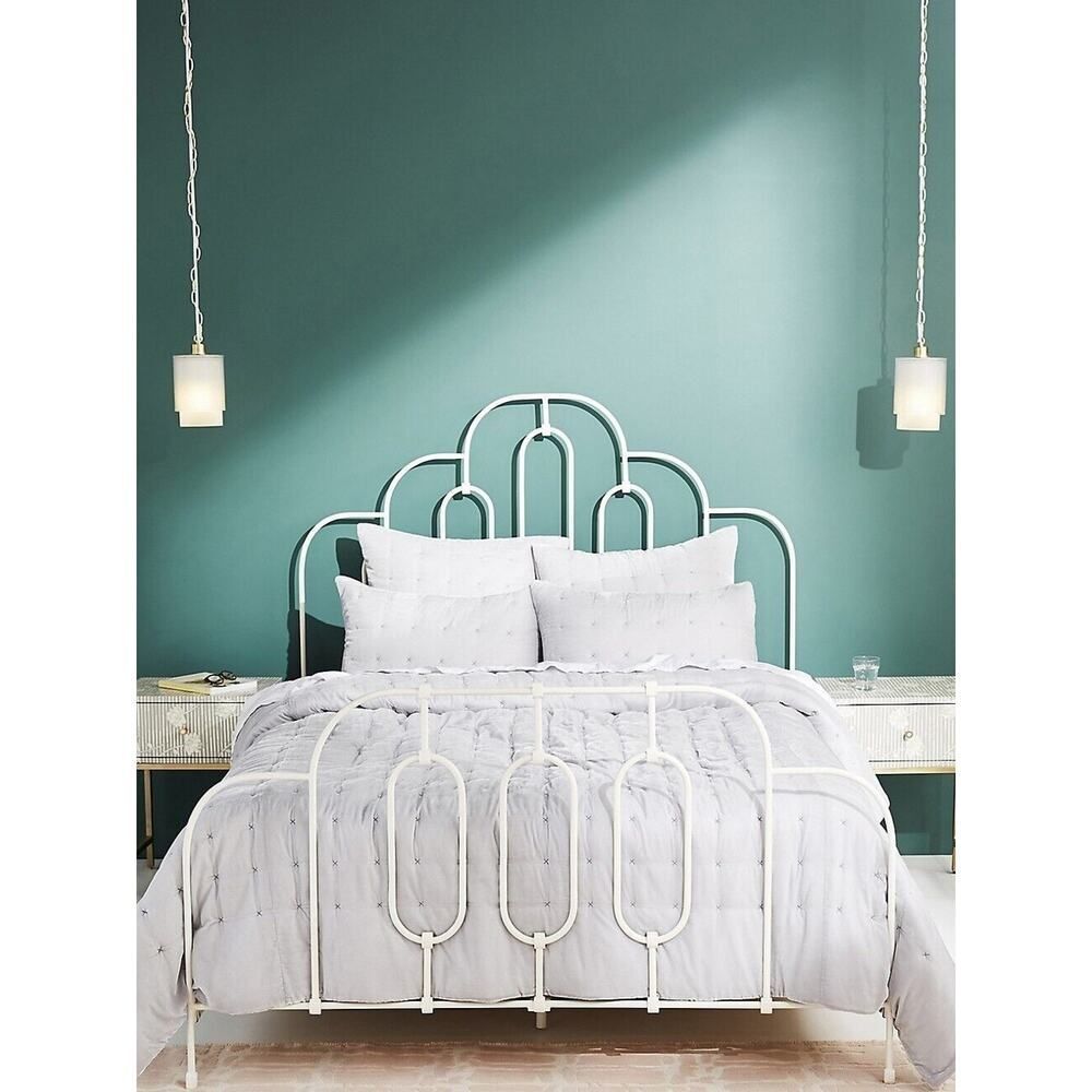 Anthropologie Velvet Emery Quilt Queen Size Embroidered Silver